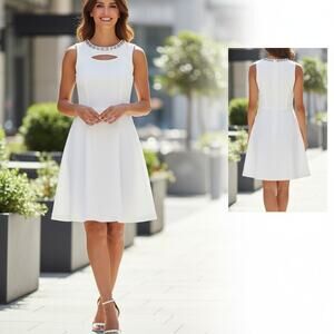 Sandra Darren Size 12 Jewel-Neck Cut out Sleeveless Knit Fit Flare Dress White